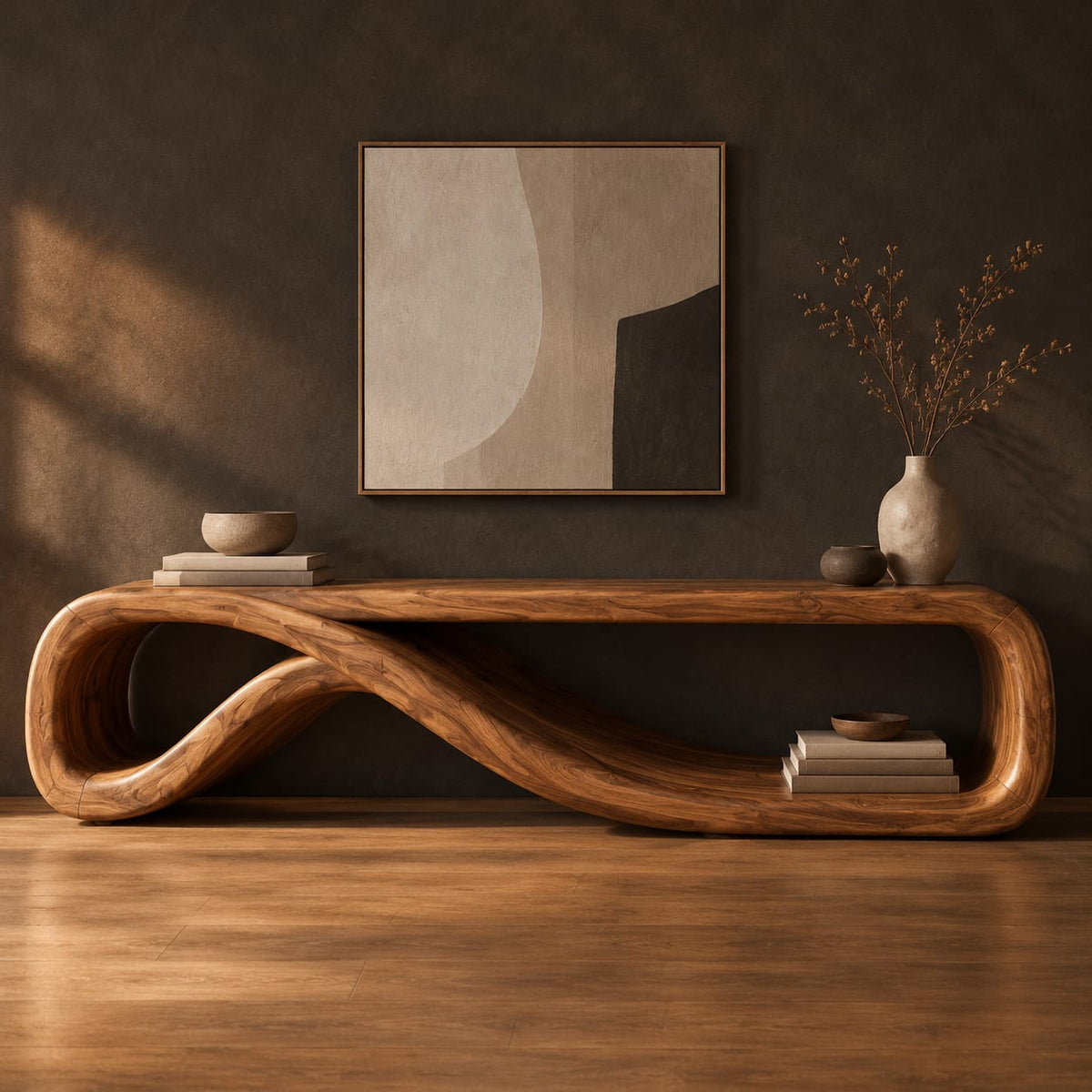 Low tv stand formed from one curling ribbon of wood in a dark studio against a charcoal plaster wall