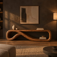 Low tv stand formed from one curling ribbon of wood in a dark living room at golden hour