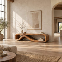 Low tv stand formed from one curling ribbon of wood in a bright open plan living room