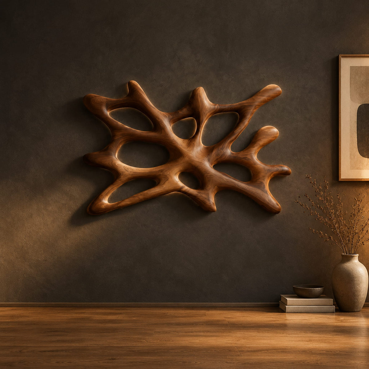Branching wooden wall sconce with oval openings and a halo of light in a dark studio against a charcoal plaster wall