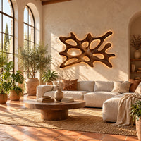 Branching wooden wall sconce with oval openings and a halo of light in a bright living room with arched windows and plants