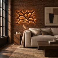 Branching wooden wall sconce with oval openings and a halo of light in an industrial loft living room with exposed brick