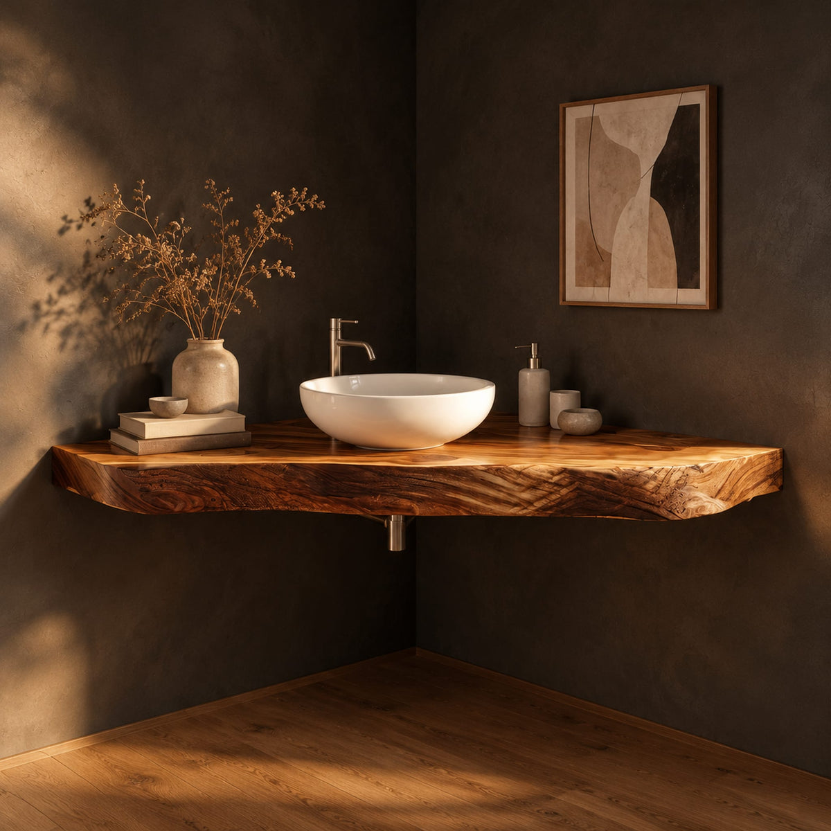 Corner floating live edge wood slab vanity with open space below in a dark studio against a charcoal plaster wall
