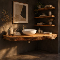 Corner floating live edge wood slab vanity with open space below, three-quarter view showing the grain