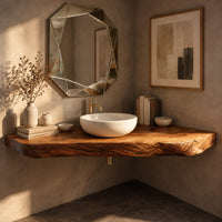 Corner detail of corner floating live edge wood slab vanity with open space below beside wood, brass and linen samples