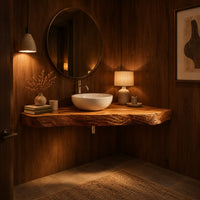 Corner floating live edge wood slab vanity with open space below in an evening bathroom with walnut wall paneling