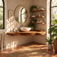 Corner floating live edge wood slab vanity with open space below in a bright bathroom with arched windows and plants
