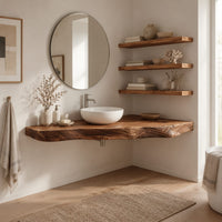 Corner floating live edge wood slab vanity with open space below in a Scandinavian bathroom with white walls