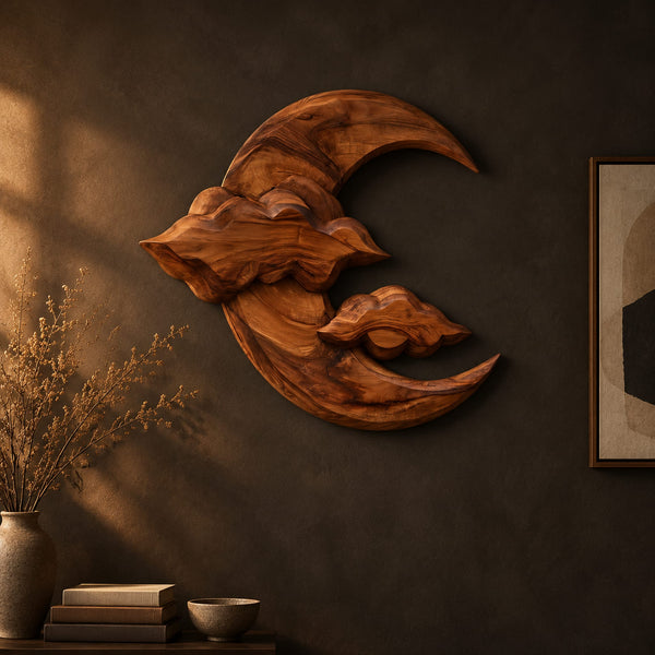 Crescent Moon And Cloud Carved Wall Art Sculpture