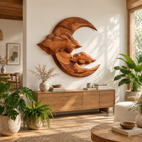 Carved wood crescent moon wall art with two cloud shapes across its face in a bright sunroom with green plants