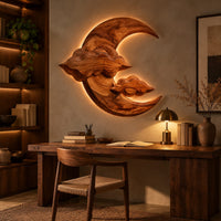 Carved wood crescent moon wall art with two cloud shapes across its face above a desk in a dark study corner