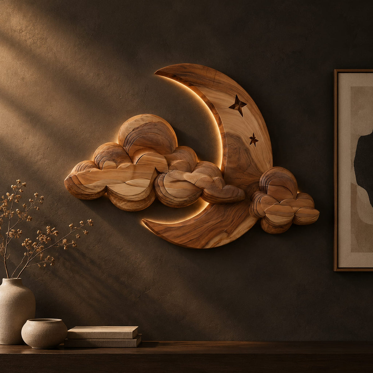 Crescent moon and layered cloud wall art with two small stars on a dark charcoal plaster wall