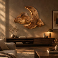 Crescent moon and layered cloud wall art with two small stars above a low console in an evening living room