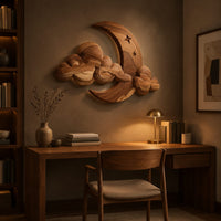 Crescent moon and layered cloud wall art with two small stars above a desk in a dark study corner