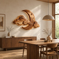 Crescent moon and layered cloud wall art with two small stars beside a dining table in natural light
