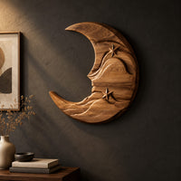 Crescent moon wooden wall art with two carved stars and layered waves on a dark charcoal plaster wall