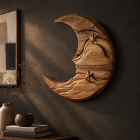 Crescent moon wooden wall art with two carved stars and layered waves, three-quarter view showing the carved depth