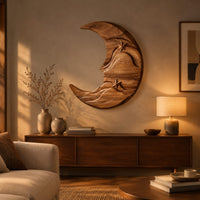 Crescent moon wooden wall art with two carved stars and layered waves above a low console in an evening living room