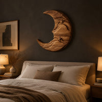 Crescent moon wooden wall art with two carved stars and layered waves above a bed in a dusk lit bedroom