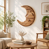 Crescent moon wooden wall art with two carved stars and layered waves in a bright sunroom with green plants