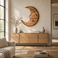 Crescent moon wooden wall art with two carved stars and layered waves above a light oak sideboard in daylight