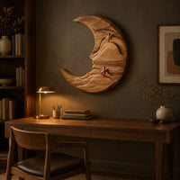 Crescent moon wooden wall art with two carved stars and layered waves above a desk in a dark study corner