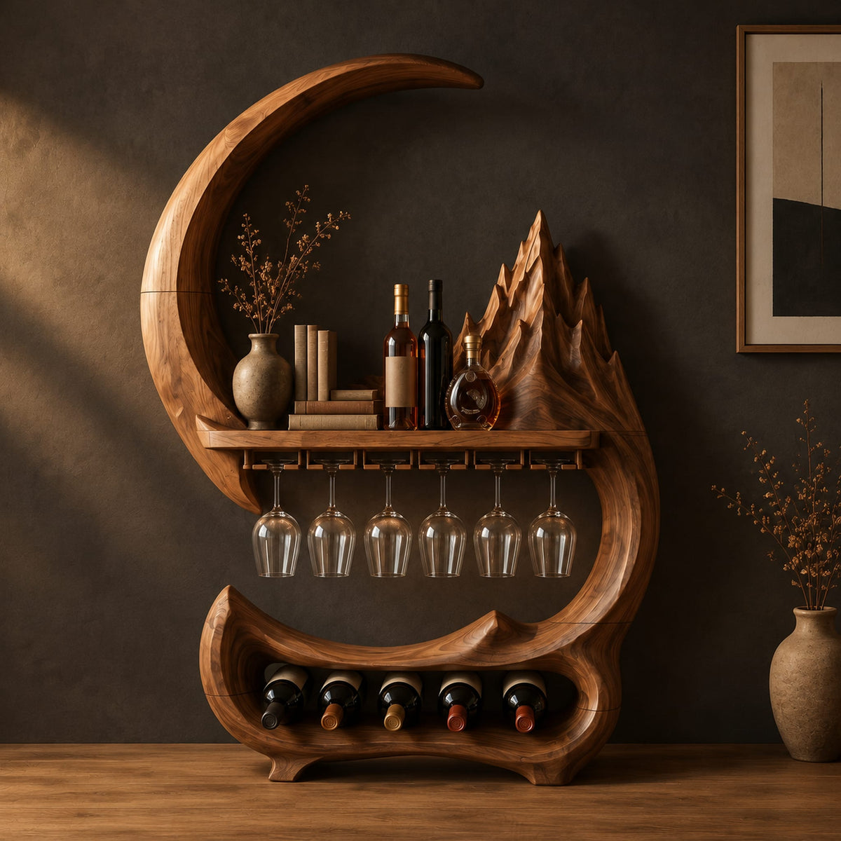 Crescent moon wine rack with a carved peak, a shelf and a glass rail in a dark studio against a charcoal plaster wall