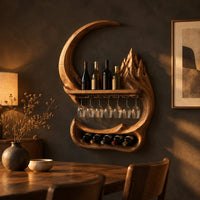 Crescent moon wine rack with a carved peak, a shelf and a glass rail in a dark dining room at golden hour