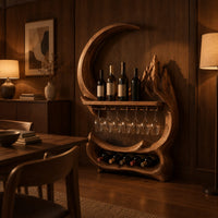 Crescent moon wine rack with a carved peak, a shelf and a glass rail in an evening dining room with walnut wall paneling