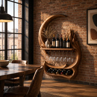 Crescent moon wine rack with a carved peak, a shelf and a glass rail in an industrial loft dining room with exposed brick
