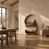 Crescent moon wine rack with a carved peak, a shelf and a glass rail in a bright open plan dining room