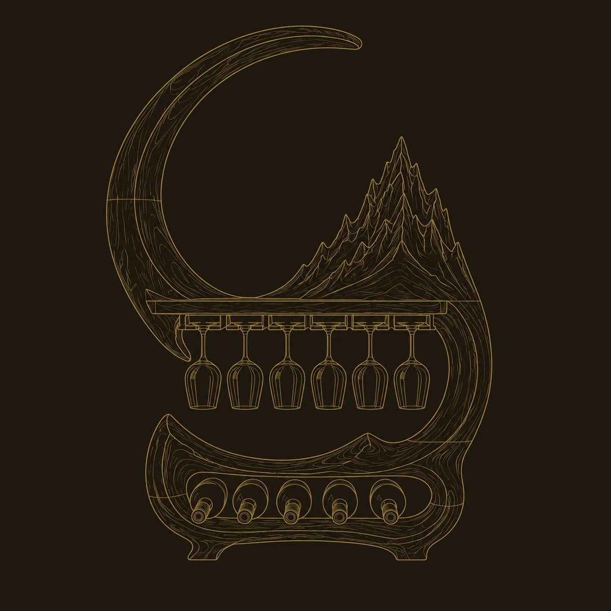 Crescent Moon Wine Rack With Carved Peak And Glass Rail dimension diagram