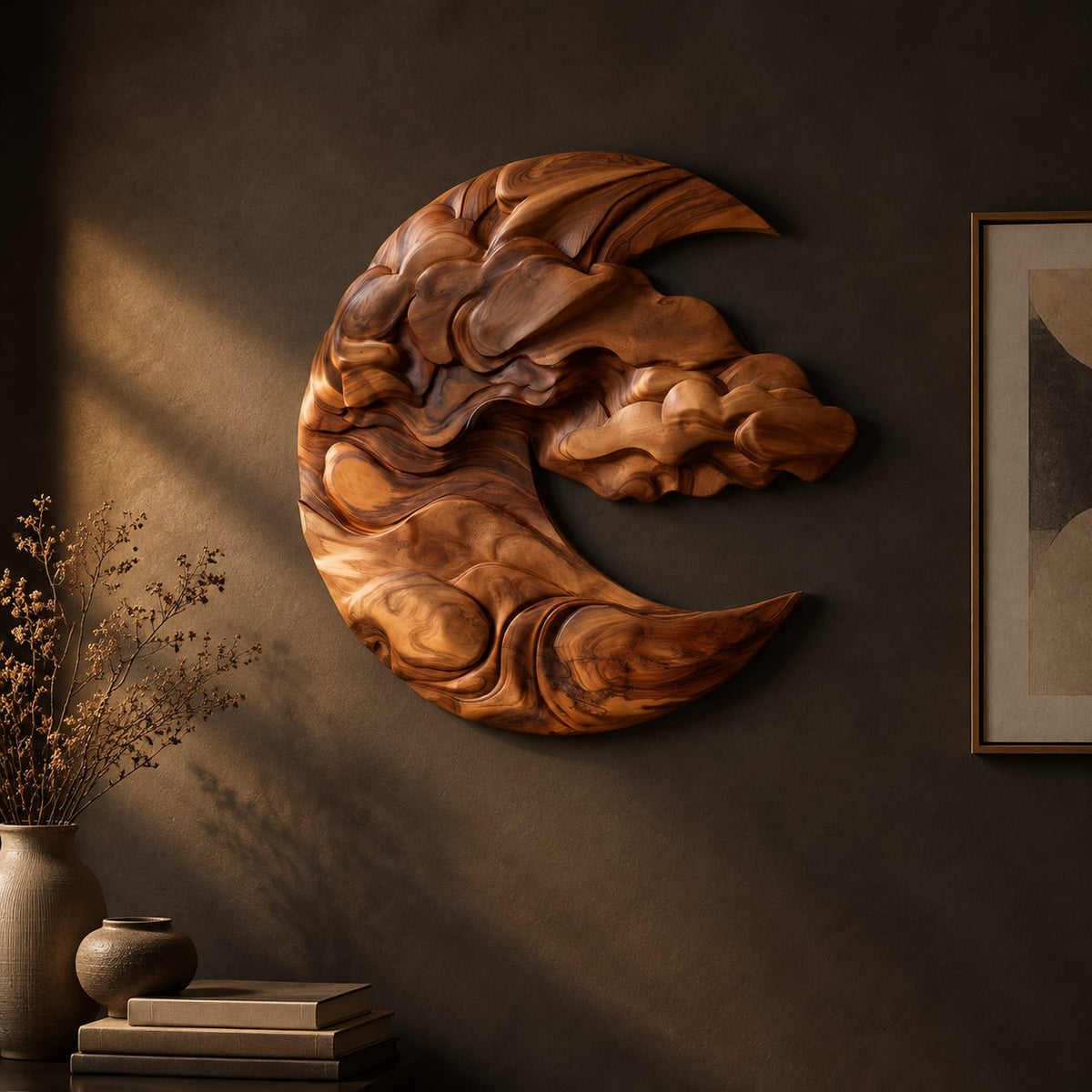 Crescent shaped wooden wall art carved with layered clouds and waves on a dark charcoal plaster wall
