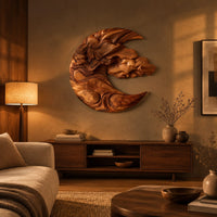 Crescent shaped wooden wall art carved with layered clouds and waves above a low console in an evening living room