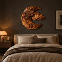 Crescent shaped wooden wall art carved with layered clouds and waves above a bed in a dusk lit bedroom