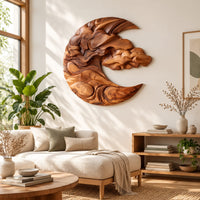 Crescent shaped wooden wall art carved with layered clouds and waves in a bright sunroom with green plants