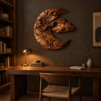 Crescent shaped wooden wall art carved with layered clouds and waves above a desk in a dark study corner
