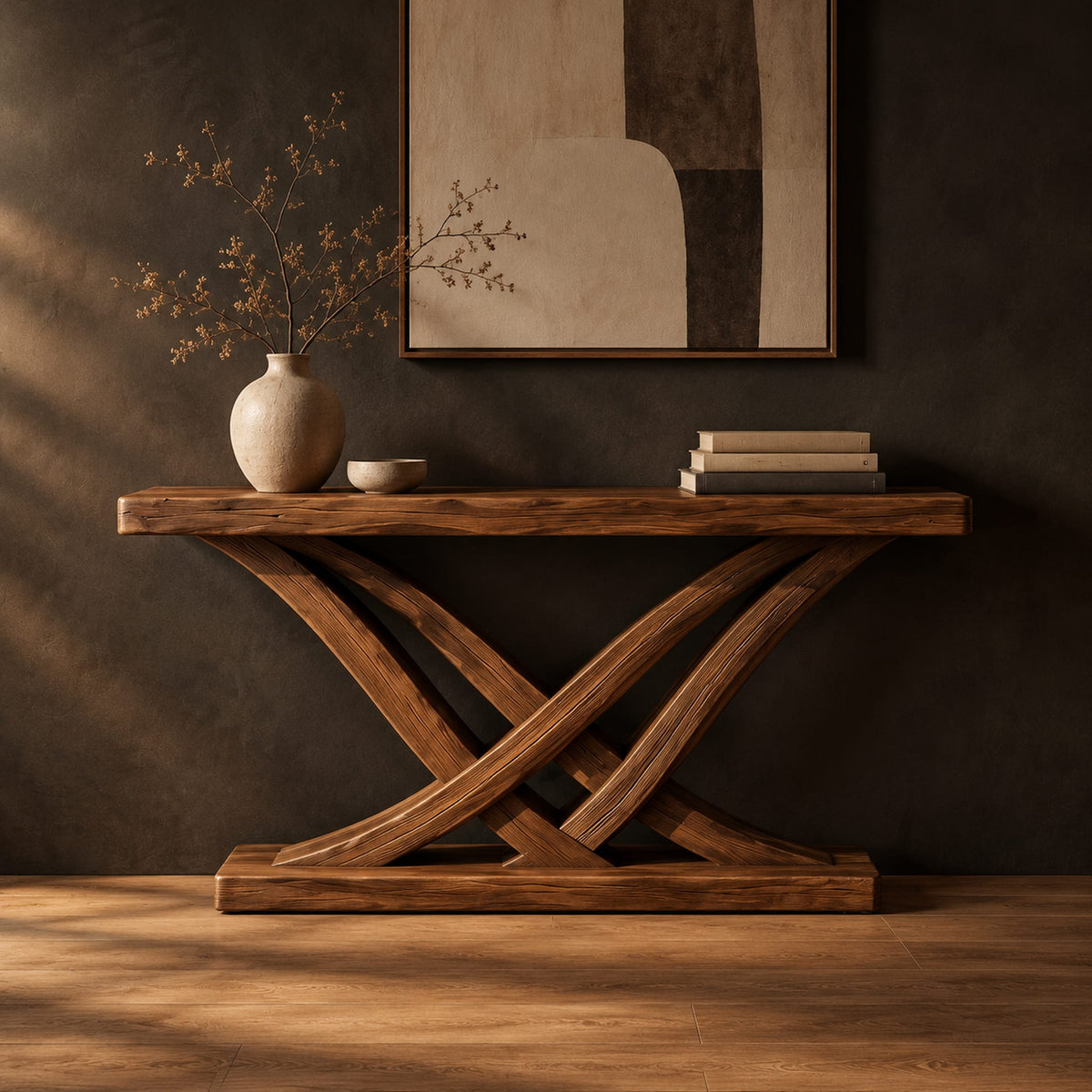 Console table with crossing bowed legs on a thick base and a plank top in a dark studio against a charcoal plaster wall