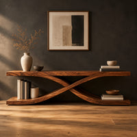 Low open tv stand with curved ribbons crossing in an x shape in a dark studio against a charcoal plaster wall