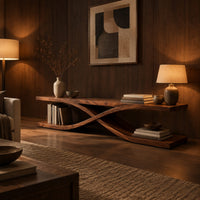 Low open tv stand with curved ribbons crossing in an x shape in an evening living room with walnut wall paneling