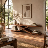 Low open tv stand with curved ribbons crossing in an x shape in a bright living room with arched windows and plants