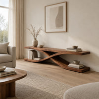 Low open tv stand with curved ribbons crossing in an x shape in a Scandinavian living room with white walls