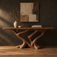 Console table with a slab top on crossing limbs and root style feet in a dark studio against a charcoal plaster wall
