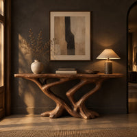 Console table with a slab top on crossing limbs and root style feet in a dark entryway at golden hour