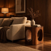 Cube shaped side table with large oval cut outs and softened edges in an evening living room with walnut wall paneling