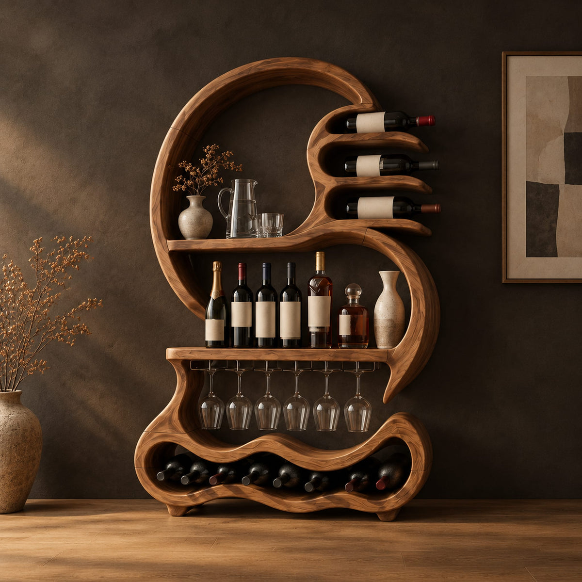 Scroll shaped wine rack with a stemware rail and a wavy base cradle in a dark studio against a charcoal plaster wall