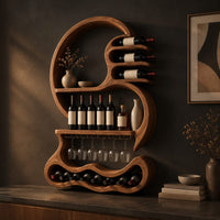 Scroll shaped wine rack with a stemware rail and a wavy base cradle, three-quarter view showing the grain