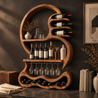 Corner detail of scroll shaped wine rack with a stemware rail and a wavy base cradle beside wood, brass and linen samples