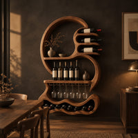 Scroll shaped wine rack with a stemware rail and a wavy base cradle in a dark dining room at golden hour