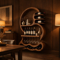 Scroll shaped wine rack with a stemware rail and a wavy base cradle in an evening dining room with walnut wall paneling